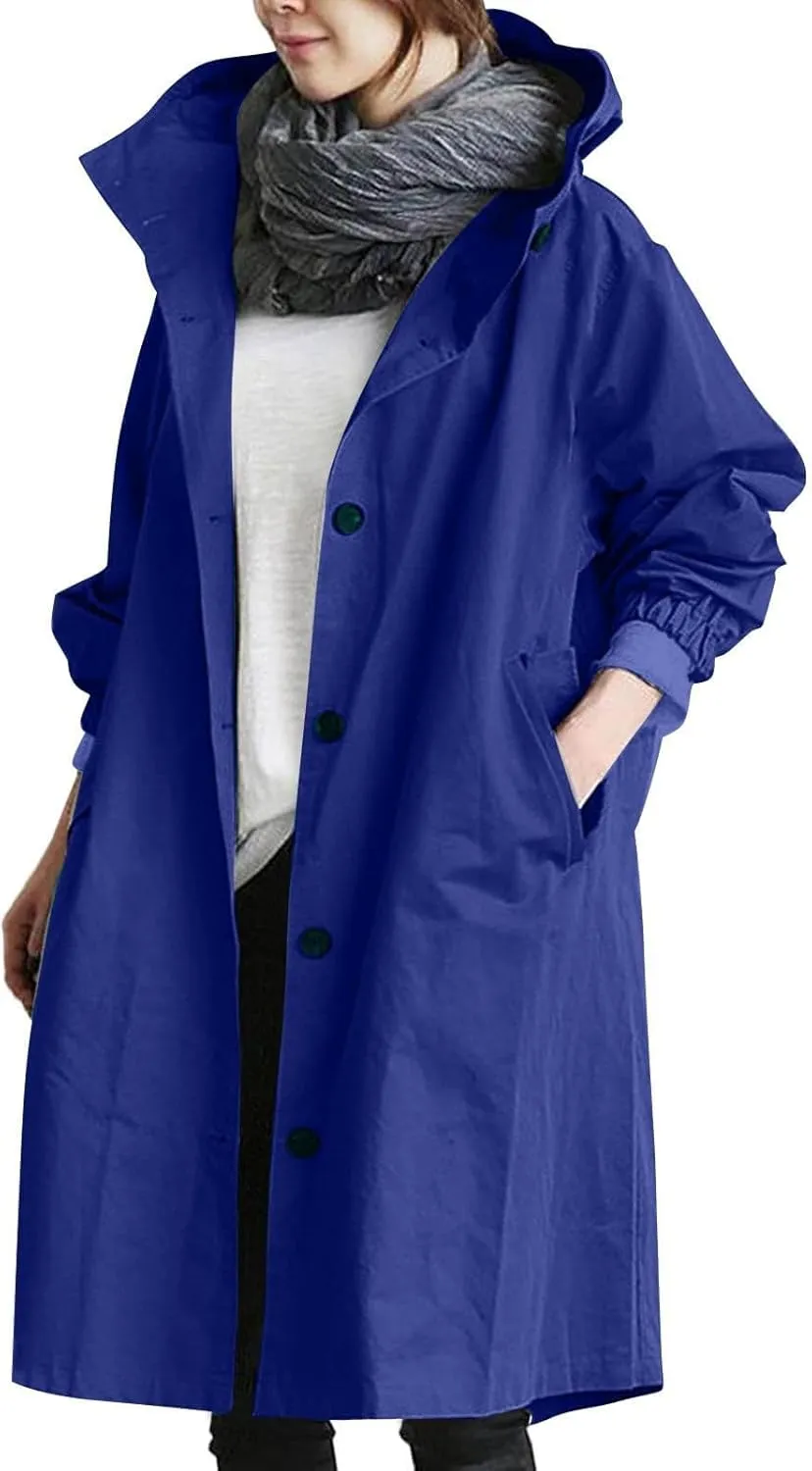 Womens Plus Size Long Hooded Trench Coat Fall Long Sleeve Single-Breasted Open Front Softshell Windbreaker Jackets