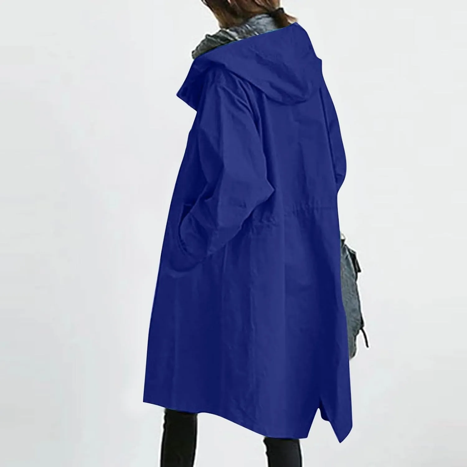 Womens Plus Size Long Hooded Trench Coat Fall Long Sleeve Single-Breasted Open Front Softshell Windbreaker Jackets