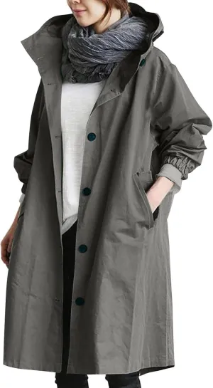 Womens Plus Size Long Hooded Trench Coat Fall Long Sleeve Single-Breasted Open Front Softshell Windbreaker Jackets