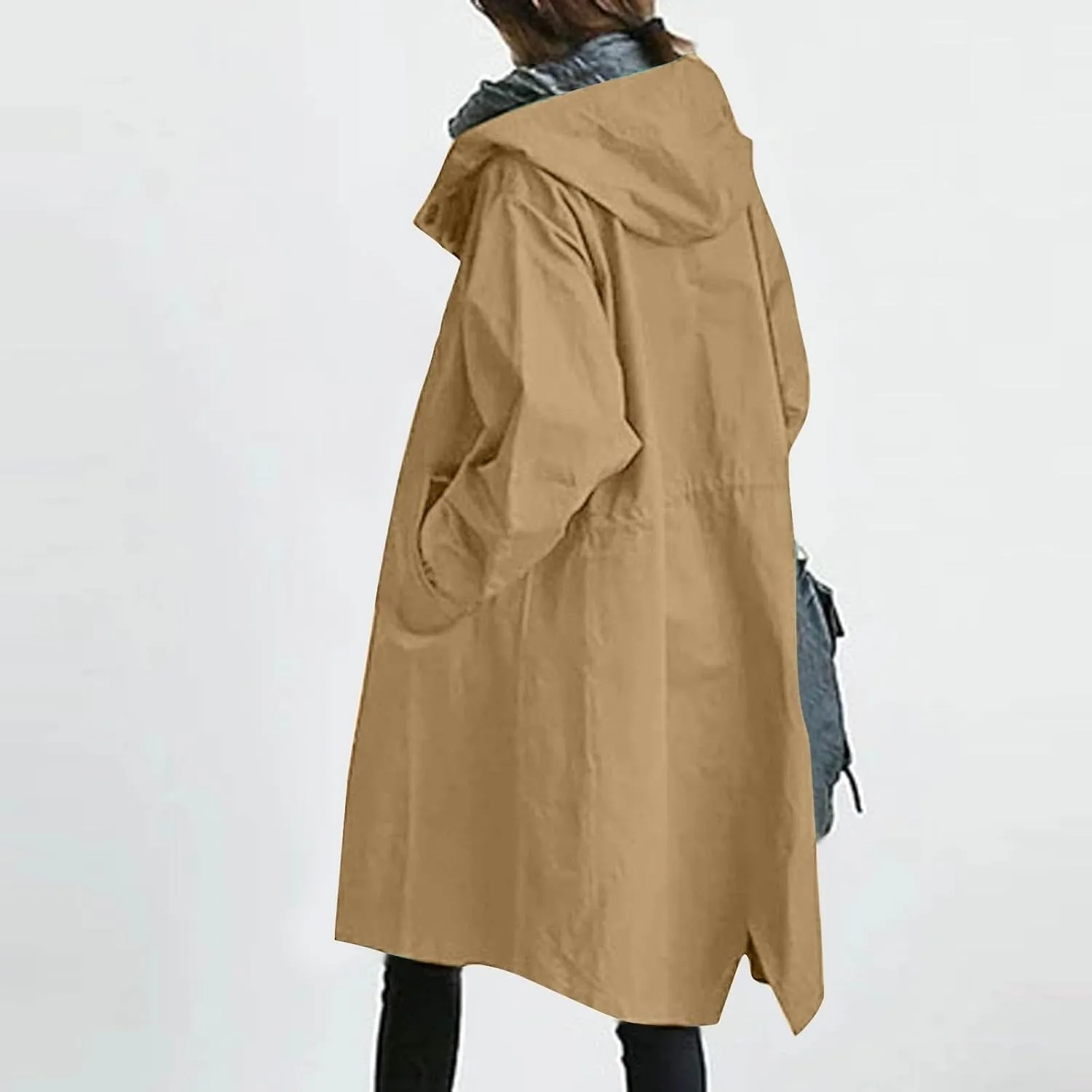 Womens Plus Size Long Hooded Trench Coat Fall Long Sleeve Single-Breasted Open Front Softshell Windbreaker Jackets