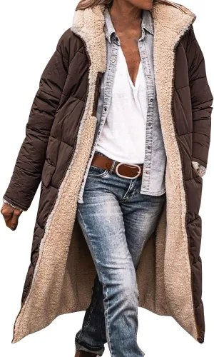 Womens Sherpa Wool Lined Puffer Jacket Double Faced Long Sleeve Hooded Down Jacket Thickened Thermal Long Overcoat