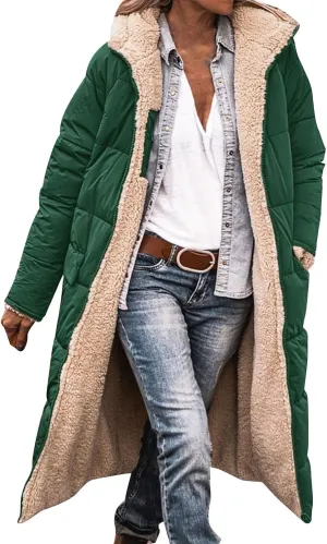 Womens Sherpa Wool Lined Puffer Jacket Double Faced Long Sleeve Hooded Down Jacket Thickened Thermal Long Overcoat