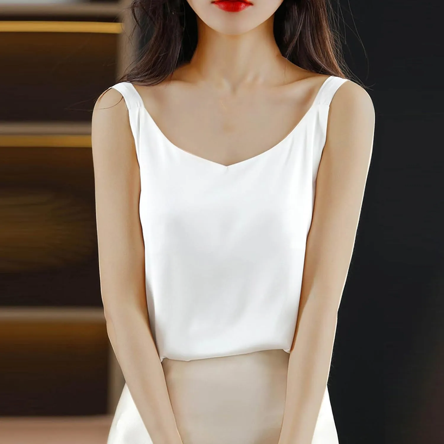 Women's Silk Satin Tank Tops V Neck Spaghetti Strap Sleeveless Camisole Solid Color Fashion Summer Basic Blouse