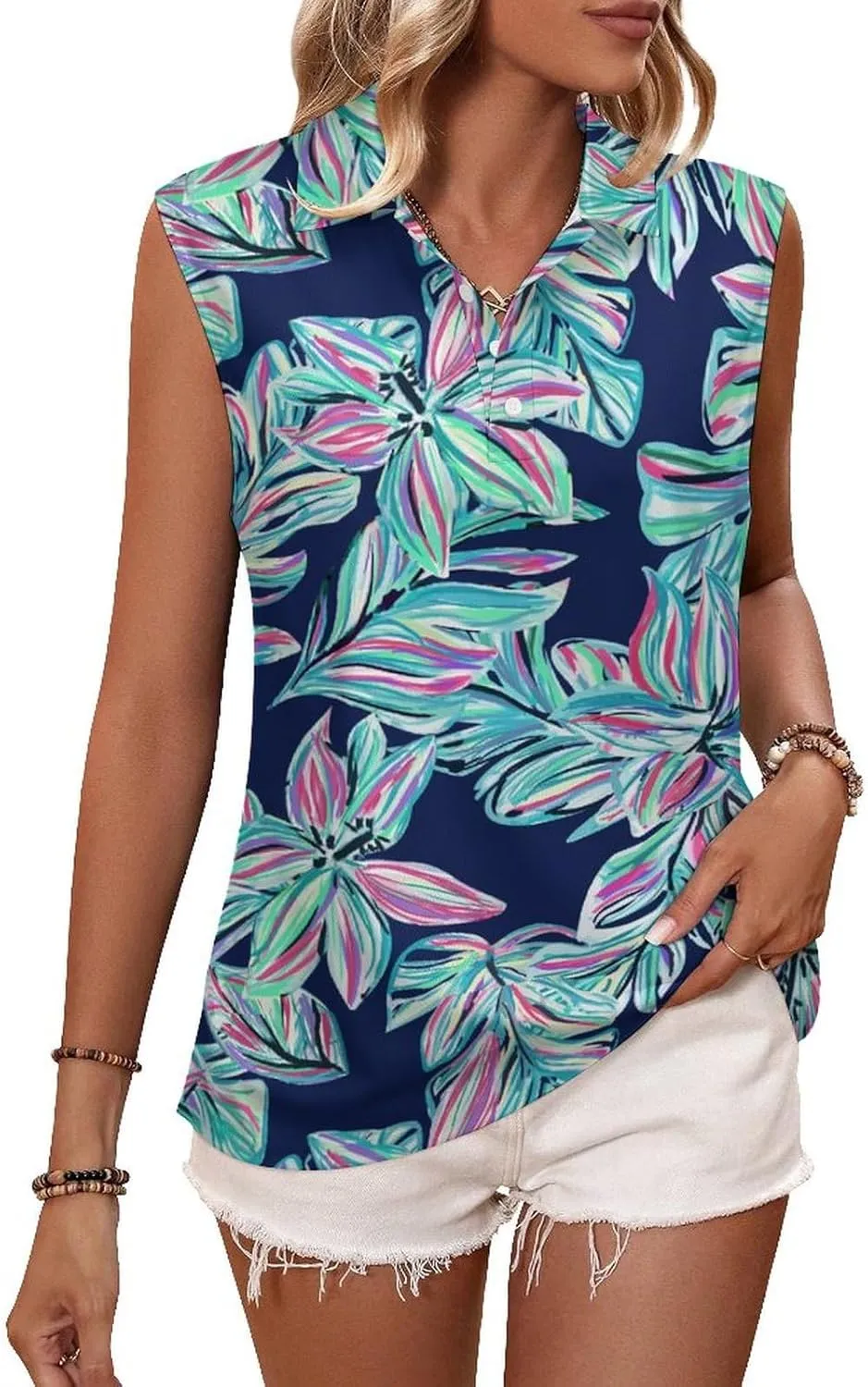 Womens Sleeveless Golf Shirt Polo Shirts for Women Moisture Wicking Athletic Golf Tank Top Printed Polo Tennis Shirts