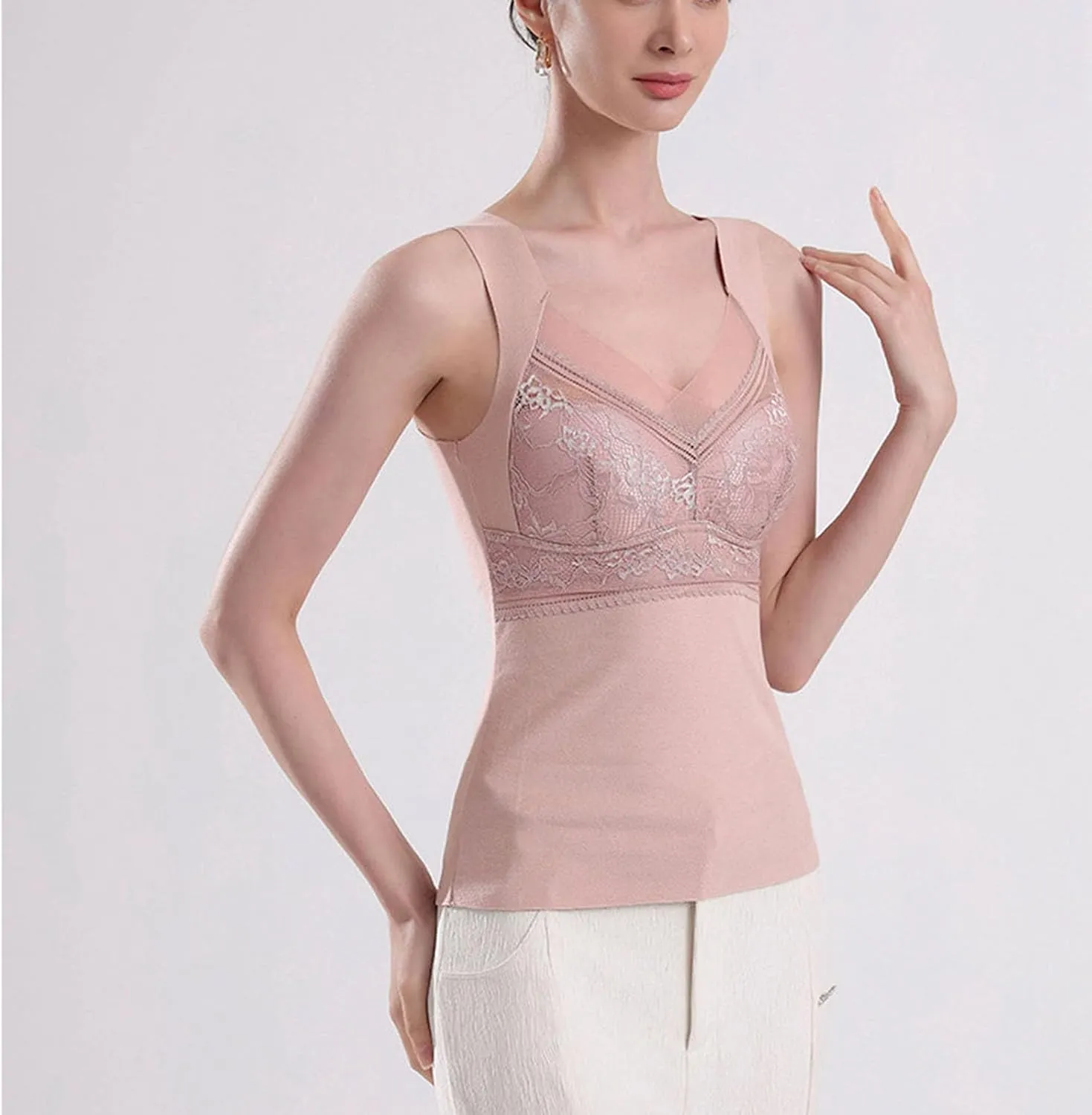 Womens Sleeveless Thermal Tank Tops Comfy Lace Warm Camisole Basic Thin Comfy Underwear Fall Baselayer V Neck Vest