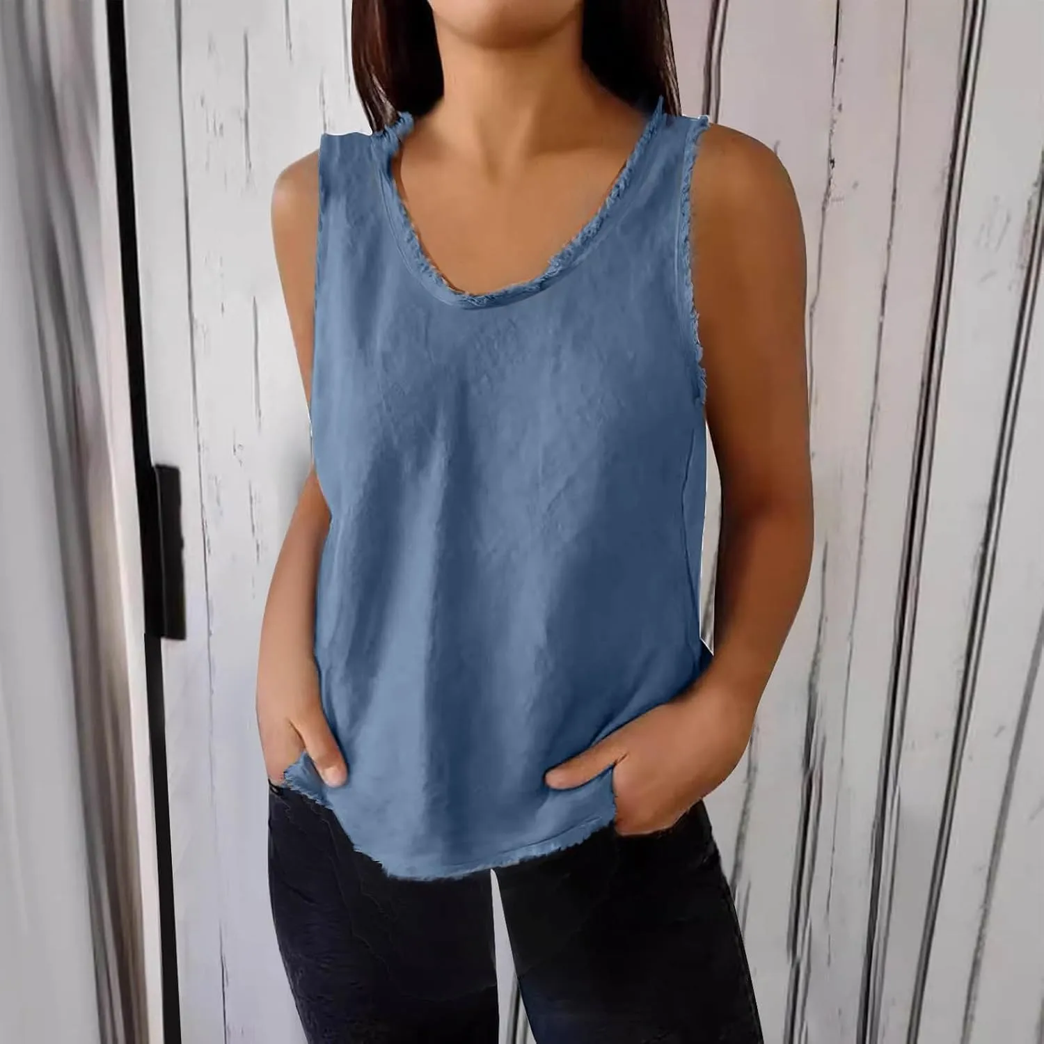 Womens Sleeveless V Neck Cotton Linen Tank Tops 2025 Summer Tank Shirts Solid Color Raw Edge Hem Camisoles Tees