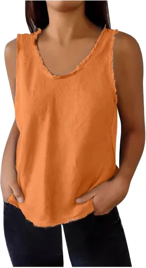 Womens Sleeveless V Neck Cotton Linen Tank Tops 2025 Summer Tank Shirts Solid Color Raw Edge Hem Camisoles Tees