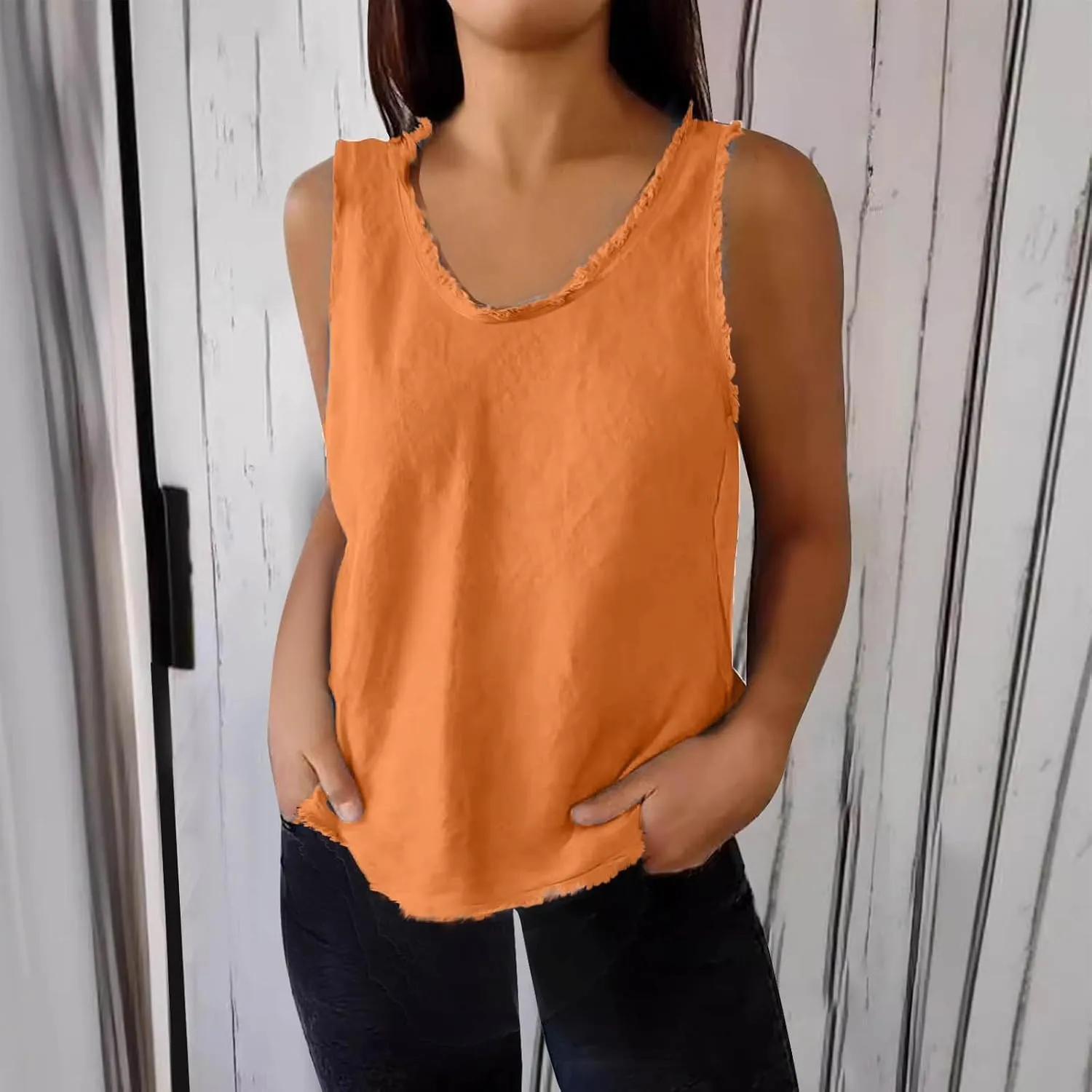 Womens Sleeveless V Neck Cotton Linen Tank Tops 2025 Summer Tank Shirts Solid Color Raw Edge Hem Camisoles Tees
