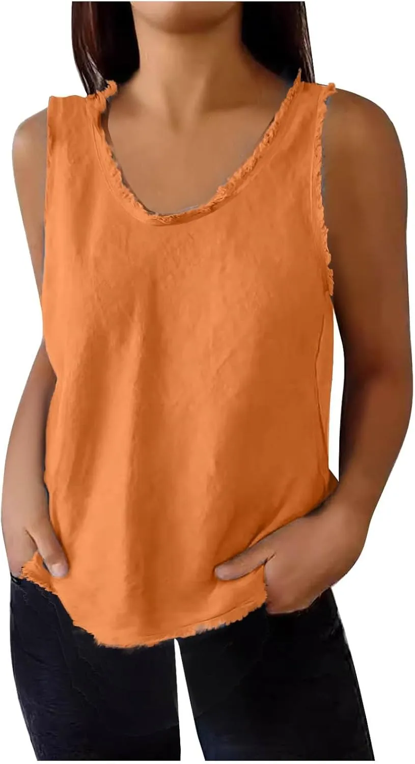 Womens Sleeveless V Neck Cotton Linen Tank Tops 2025 Summer Tank Shirts Solid Color Raw Edge Hem Camisoles Tees