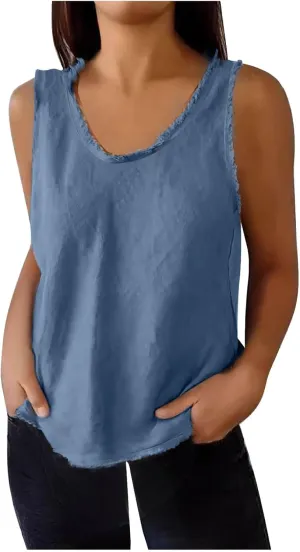 Womens Sleeveless V Neck Cotton Linen Tank Tops 2025 Summer Tank Shirts Solid Color Raw Edge Hem Camisoles Tees