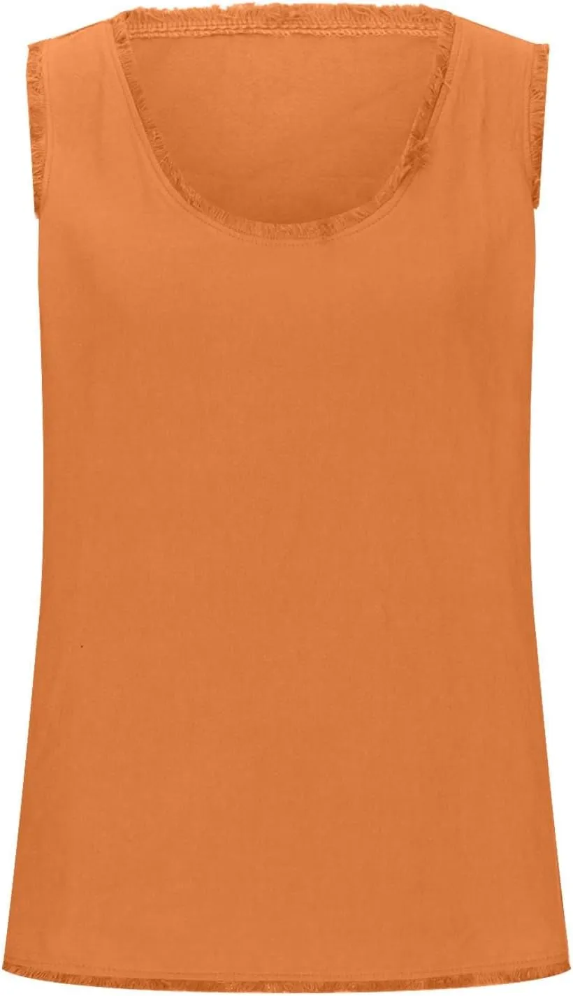 Womens Sleeveless V Neck Cotton Linen Tank Tops 2025 Summer Tank Shirts Solid Color Raw Edge Hem Camisoles Tees