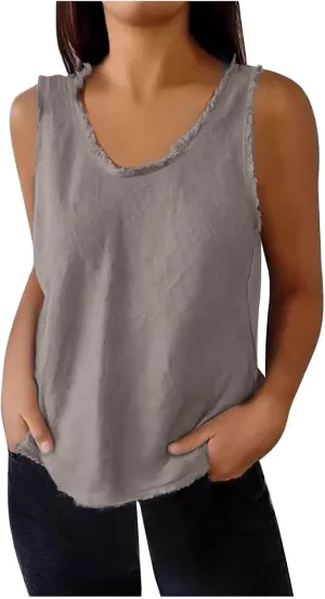 Womens Sleeveless V Neck Cotton Linen Tank Tops 2025 Summer Tank Shirts Solid Color Raw Edge Hem Camisoles Tees