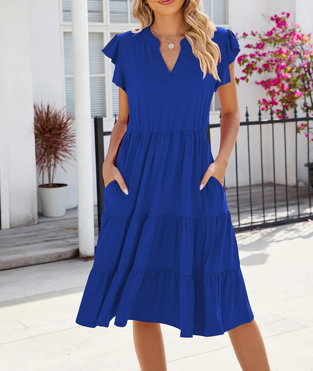 Womens Summer Dress Ruffle Sleeve V Neck Midi Dresses Casual Fit Flowy Tiered Boho Beach Vacation Sundress