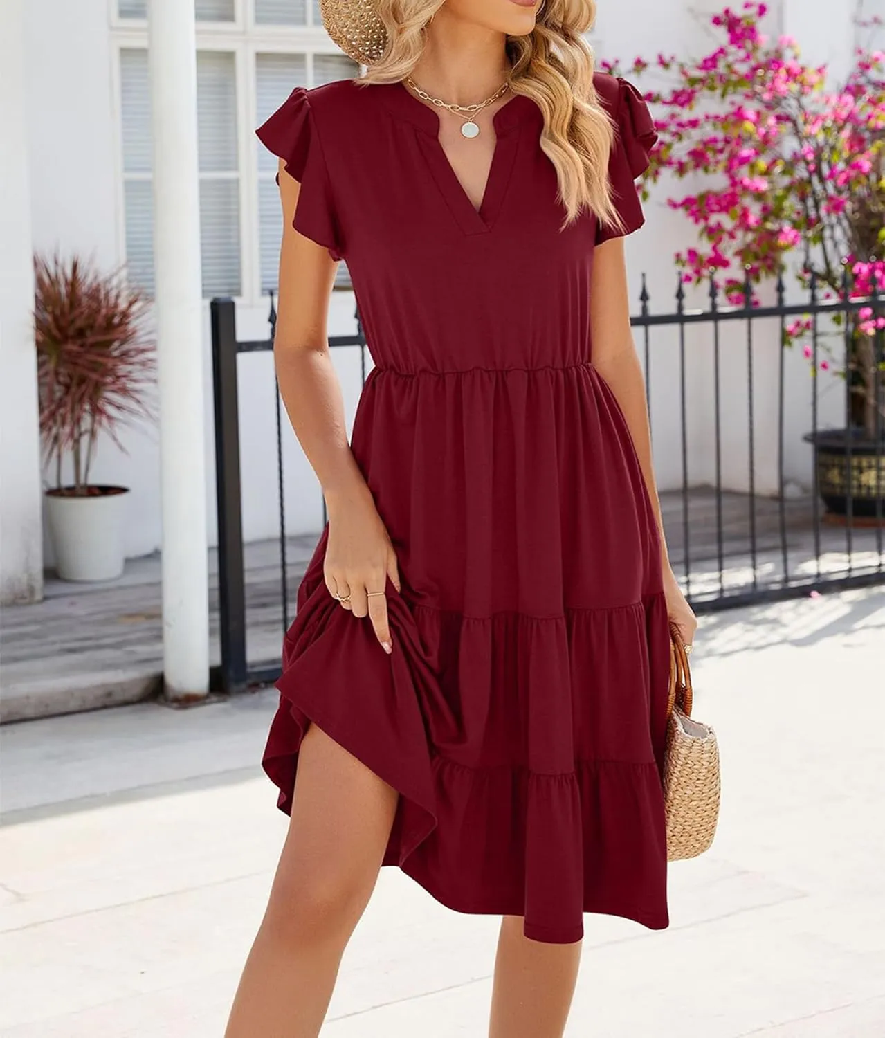 Womens Summer Dress Ruffle Sleeve V Neck Midi Dresses Casual Fit Flowy Tiered Boho Beach Vacation Sundress