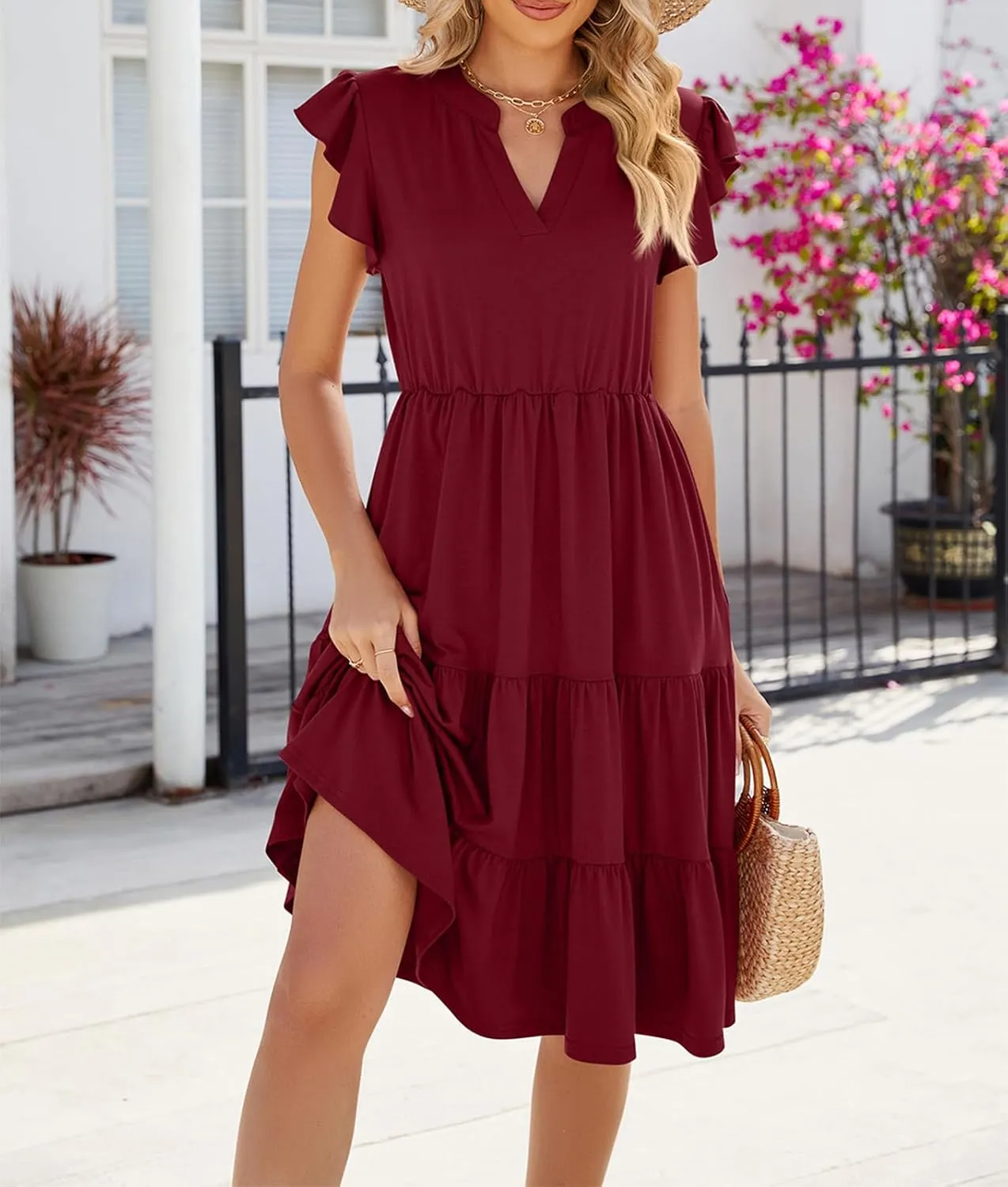 Womens Summer Dress Ruffle Sleeve V Neck Midi Dresses Casual Fit Flowy Tiered Boho Beach Vacation Sundress