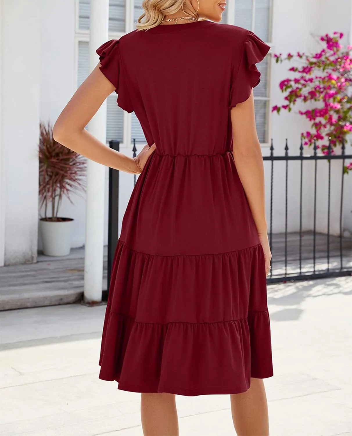 Womens Summer Dress Ruffle Sleeve V Neck Midi Dresses Casual Fit Flowy Tiered Boho Beach Vacation Sundress