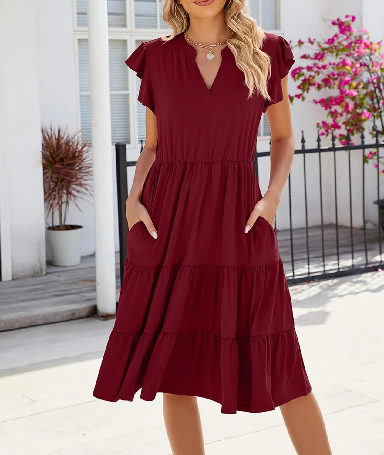 Womens Summer Dress Ruffle Sleeve V Neck Midi Dresses Casual Fit Flowy Tiered Boho Beach Vacation Sundress