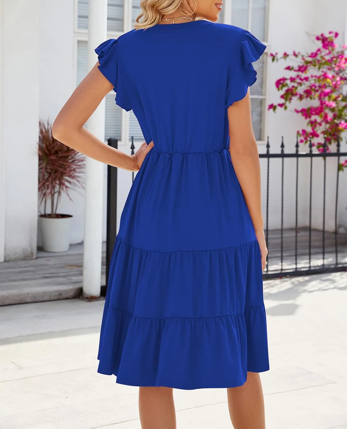 Womens Summer Dress Ruffle Sleeve V Neck Midi Dresses Casual Fit Flowy Tiered Boho Beach Vacation Sundress