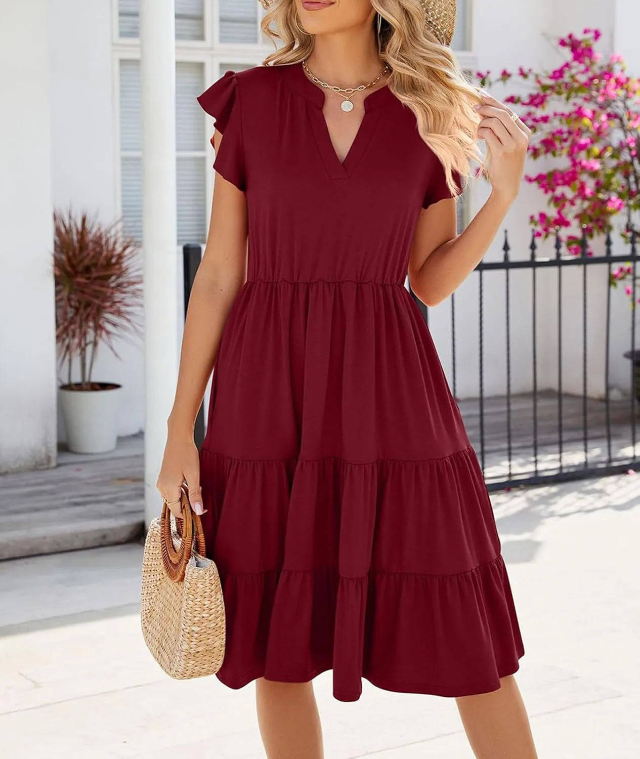 Womens Summer Dress Ruffle Sleeve V Neck Midi Dresses Casual Fit Flowy Tiered Boho Beach Vacation Sundress