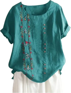 Womens Summer Tops Casual Cotton Linen T-Shirts Short Sleeve Round Neck Shirt Oversized Floral Graphic Tees