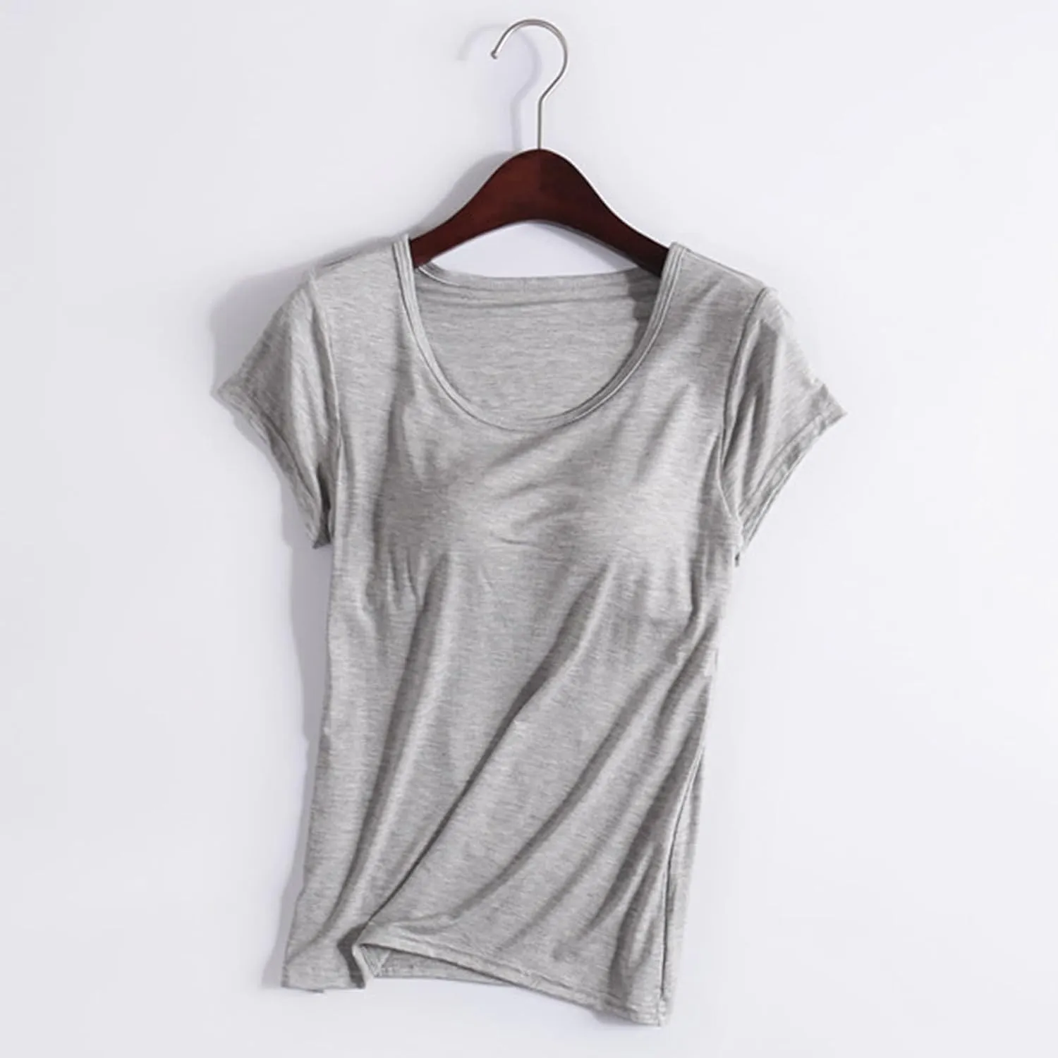 Womens Tops 2025 Summer Casual Short Sleeve T Shirts with Built in Bra Plus Size Basic Solid Yoga Athletic Tees Shirts
