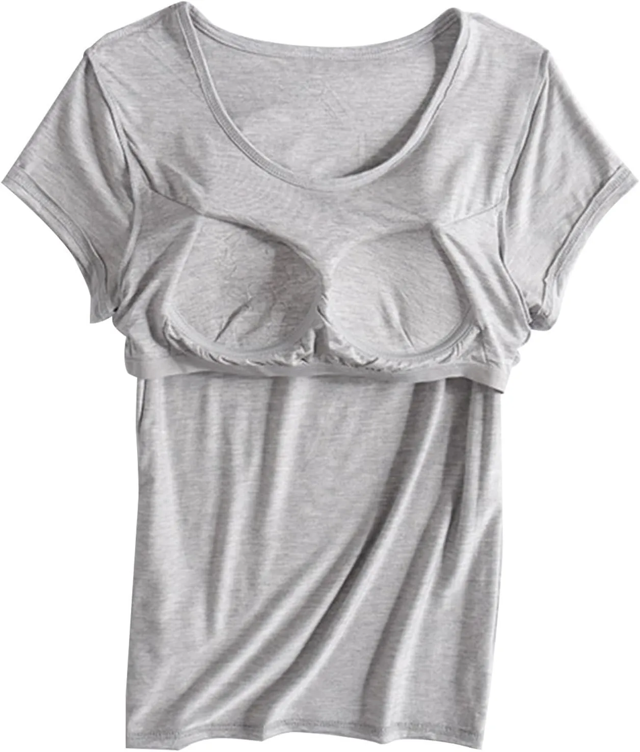 Womens Tops 2025 Summer Casual Short Sleeve T Shirts with Built in Bra Plus Size Basic Solid Yoga Athletic Tees Shirts