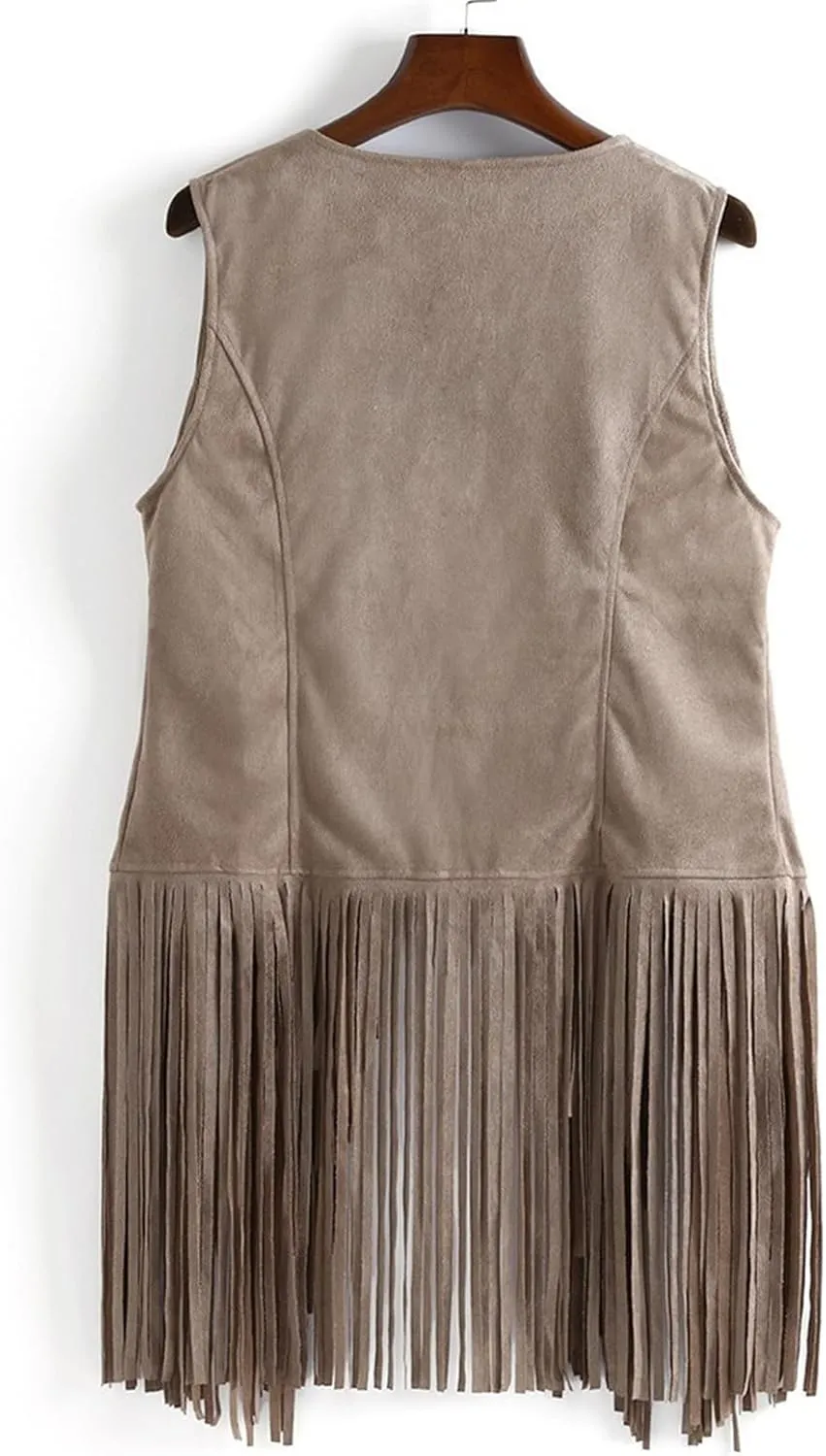 Womens Vintage Western Fringe Vest Tops 70s Hippie Costume Sleeveless Cowgirl Cowboy Faux Suede Tassel Shirt