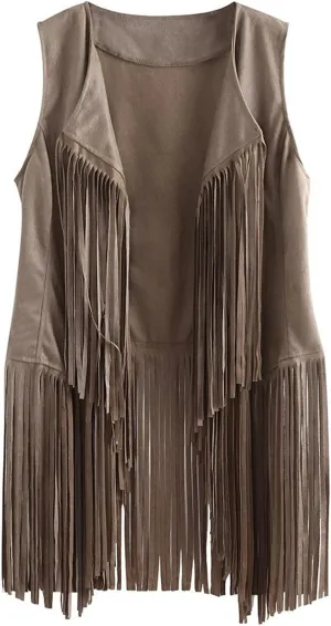 Womens Vintage Western Fringe Vest Tops 70s Hippie Costume Sleeveless Cowgirl Cowboy Faux Suede Tassel Shirt