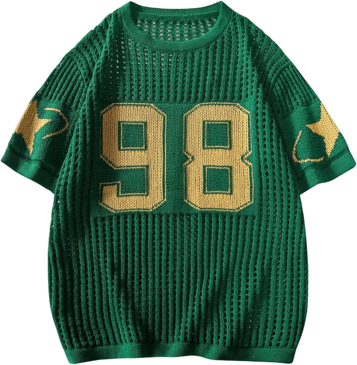 Women's Y2K Jersey Shirts Oversized Number Crochet Hollow Out Jersey Tee Sweater Crew Neck Short Sleeve Knit T Shirts