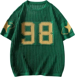 Women's Y2K Jersey Shirts Oversized Number Crochet Hollow Out Jersey Tee Sweater Crew Neck Short Sleeve Knit T Shirts