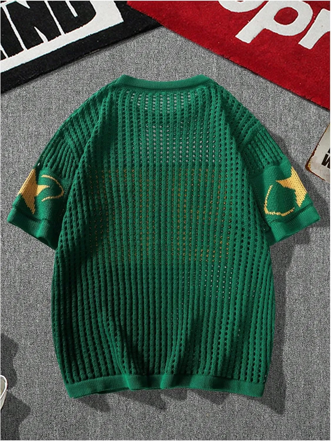 Women's Y2K Jersey Shirts Oversized Number Crochet Hollow Out Jersey Tee Sweater Crew Neck Short Sleeve Knit T Shirts