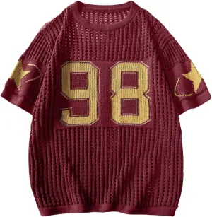 Women's Y2K Jersey Shirts Oversized Number Crochet Hollow Out Jersey Tee Sweater Crew Neck Short Sleeve Knit T Shirts