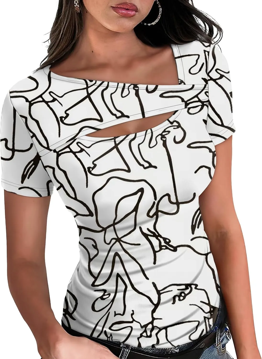 XIEERDUO Womens Summer Tops Short Sleeve Shirts for Women Sexy Tops Y2K Shirts One Piece Cutout Tops