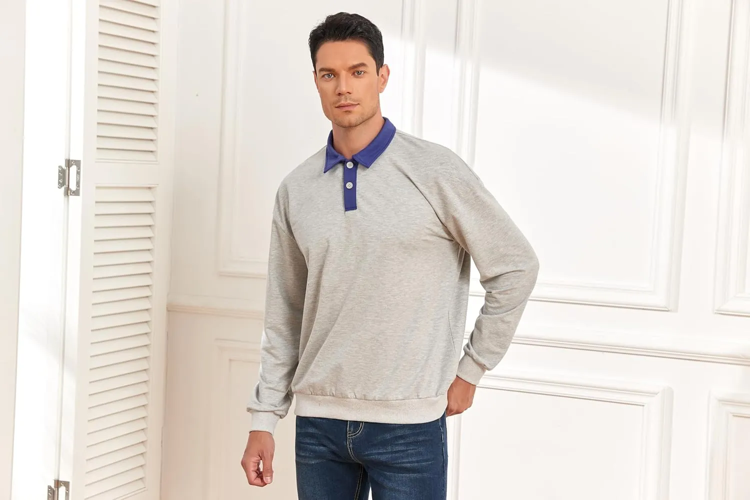 ZAFUL Men's Long Sleeve Polo Shirts Color Spliced Polo Collar Sweatshirt Casual Golf Patchwork Shirts Tops