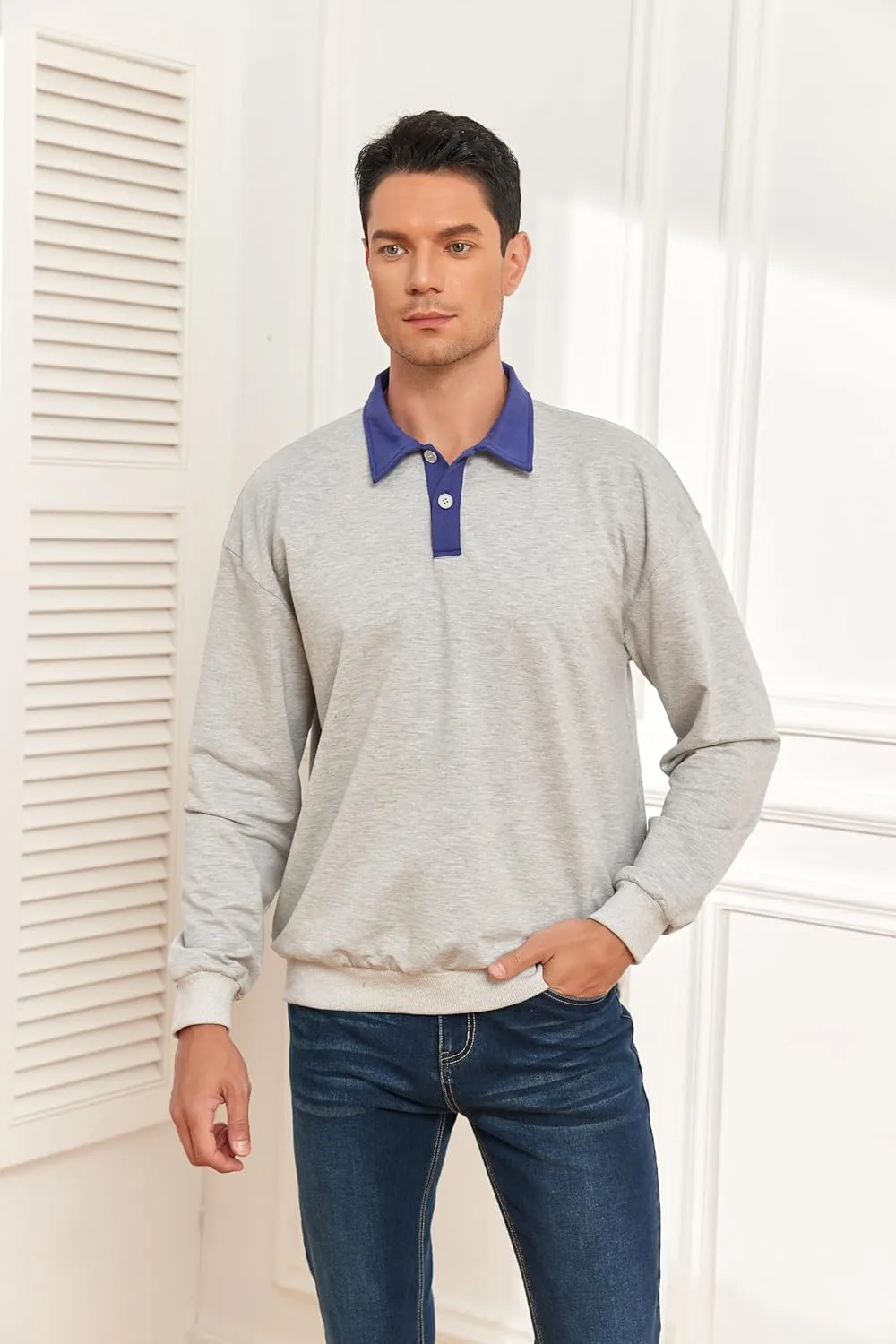 ZAFUL Men's Long Sleeve Polo Shirts Color Spliced Polo Collar Sweatshirt Casual Golf Patchwork Shirts Tops