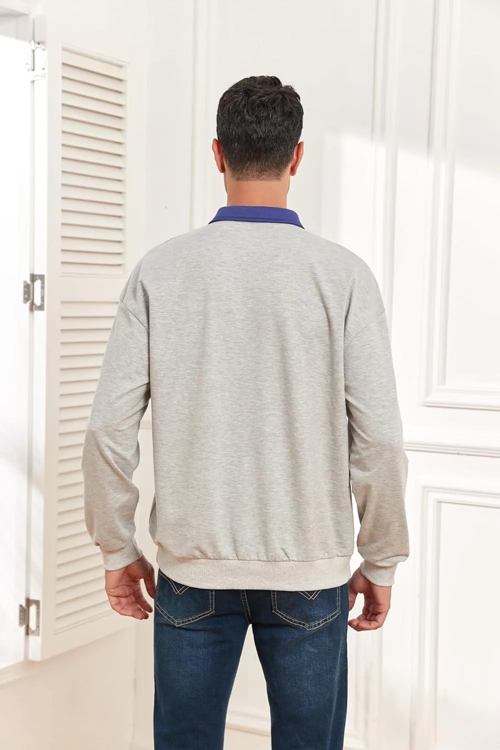 ZAFUL Men's Long Sleeve Polo Shirts Color Spliced Polo Collar Sweatshirt Casual Golf Patchwork Shirts Tops