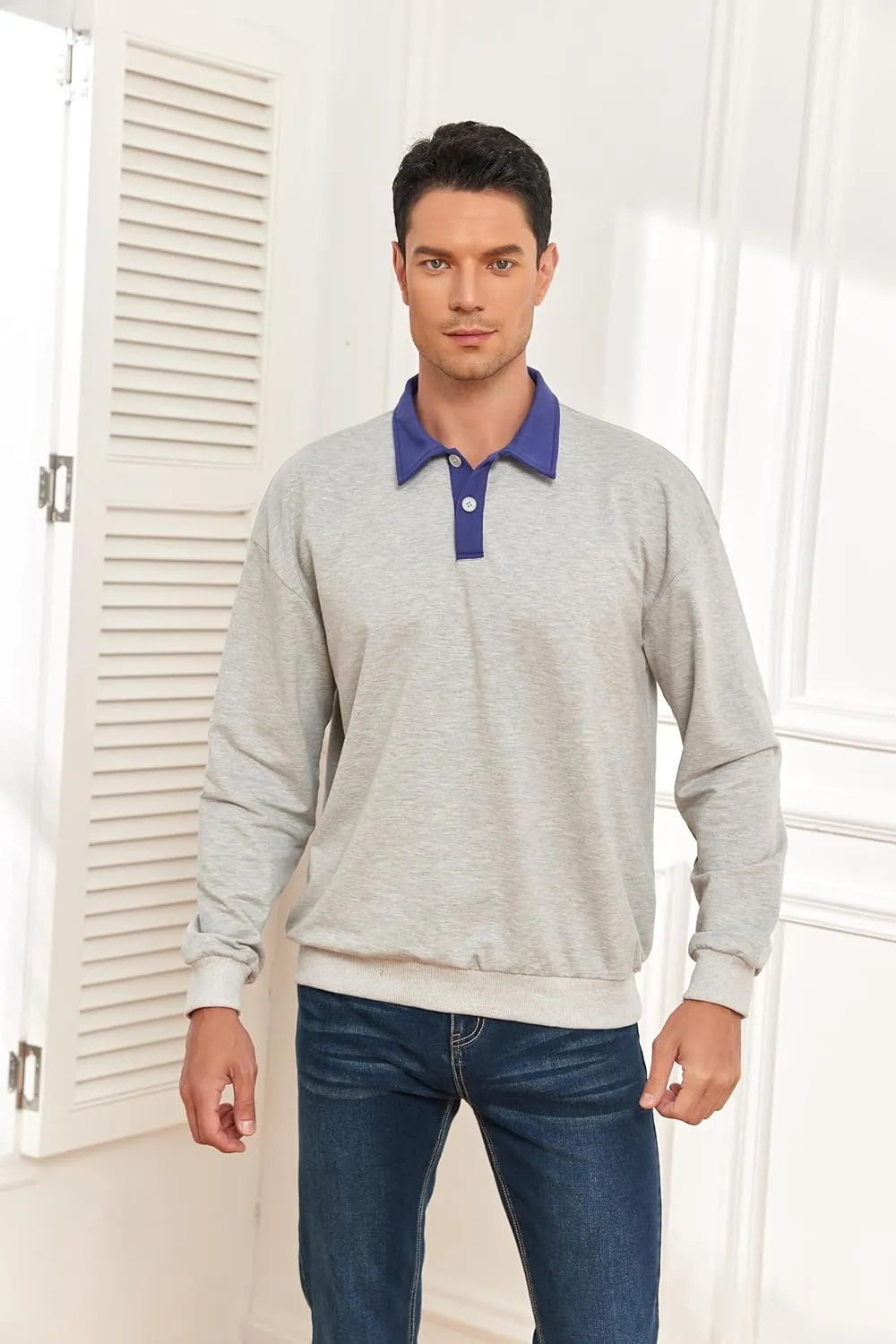ZAFUL Men's Long Sleeve Polo Shirts Color Spliced Polo Collar Sweatshirt Casual Golf Patchwork Shirts Tops