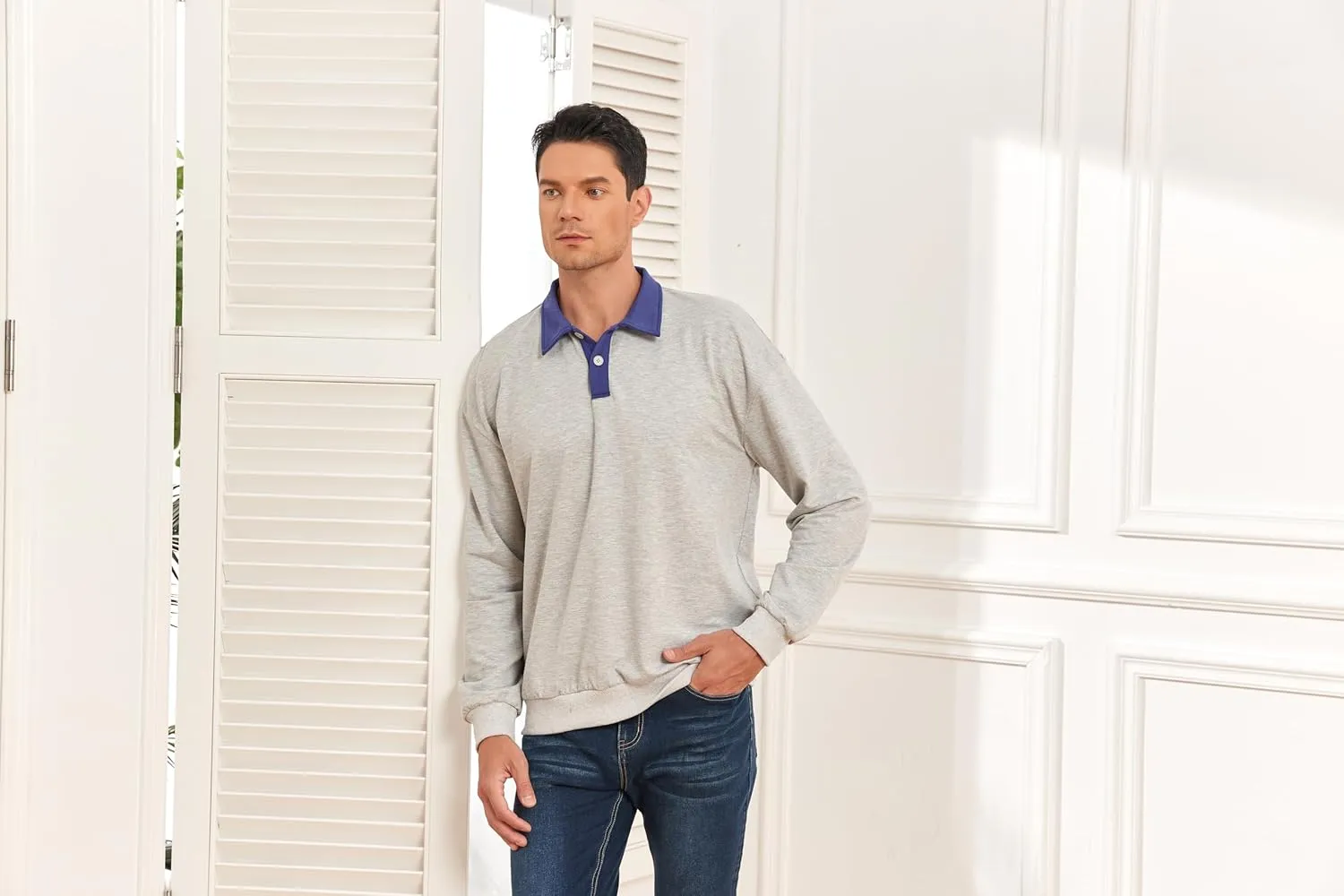ZAFUL Men's Long Sleeve Polo Shirts Color Spliced Polo Collar Sweatshirt Casual Golf Patchwork Shirts Tops
