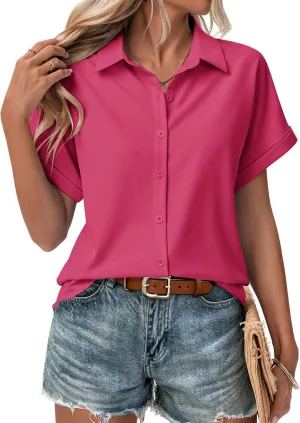 Zeagoo Short Sleeve Summer Tops for Women Casual Button Down Shirts Solid/Striped Business Work Blouses
