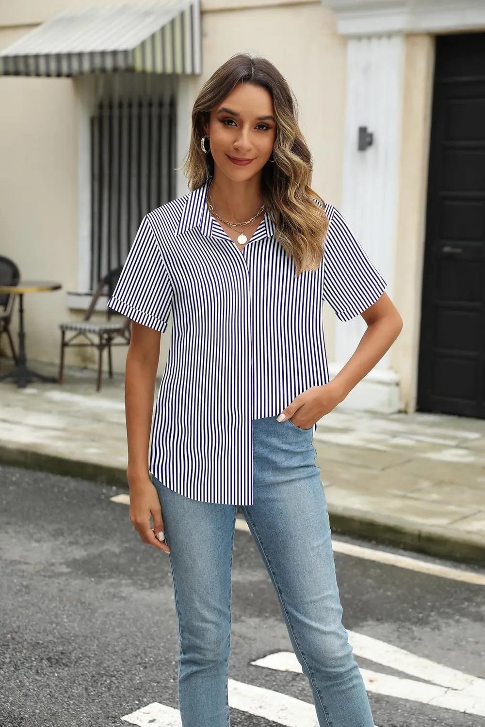 Zeagoo Womens Button Down Shirts Rolled Cuffed Short Sleeve Shirt Cute Collared Summer Casual Work Blouse