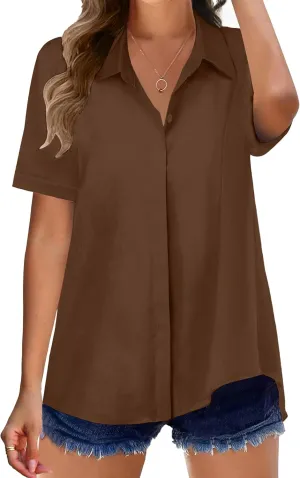 Zeagoo Womens Button Down Shirts Rolled Cuffed Short Sleeve Shirt Cute Collared Summer Casual Work Blouse