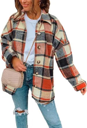 Zontroldy Casual Long Plaid Shirts Shacket Jacket Button Down Long Sleeve Shirts Trench Coats for Women