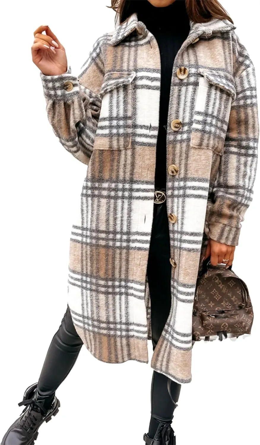 Zontroldy Casual Long Plaid Shirts Shacket Jacket Button Down Long Sleeve Shirts Trench Coats for Women