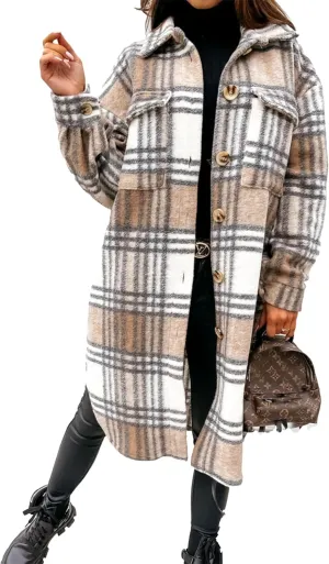 Zontroldy Casual Long Plaid Shirts Shacket Jacket Button Down Long Sleeve Shirts Trench Coats for Women