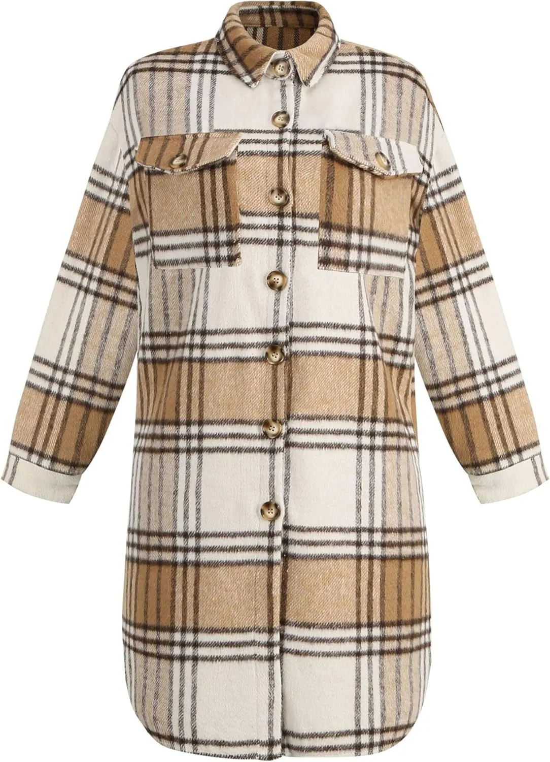 Zontroldy Casual Long Plaid Shirts Shacket Jacket Button Down Long Sleeve Shirts Trench Coats for Women