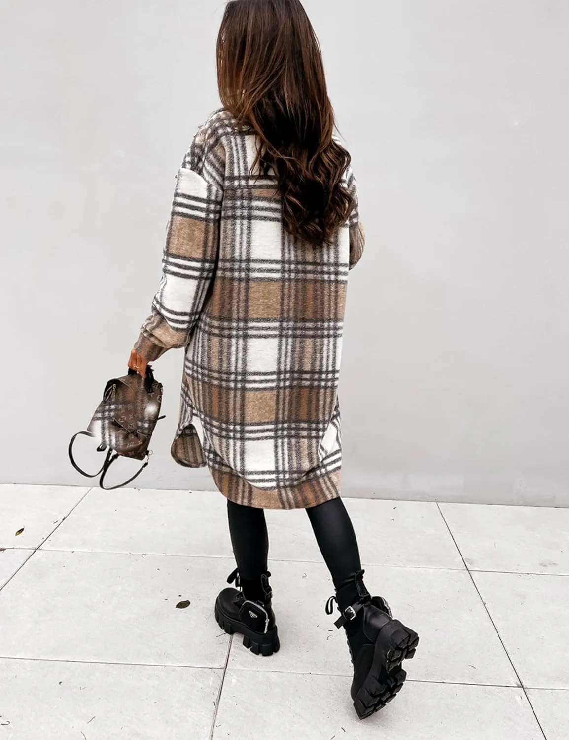 Zontroldy Casual Long Plaid Shirts Shacket Jacket Button Down Long Sleeve Shirts Trench Coats for Women