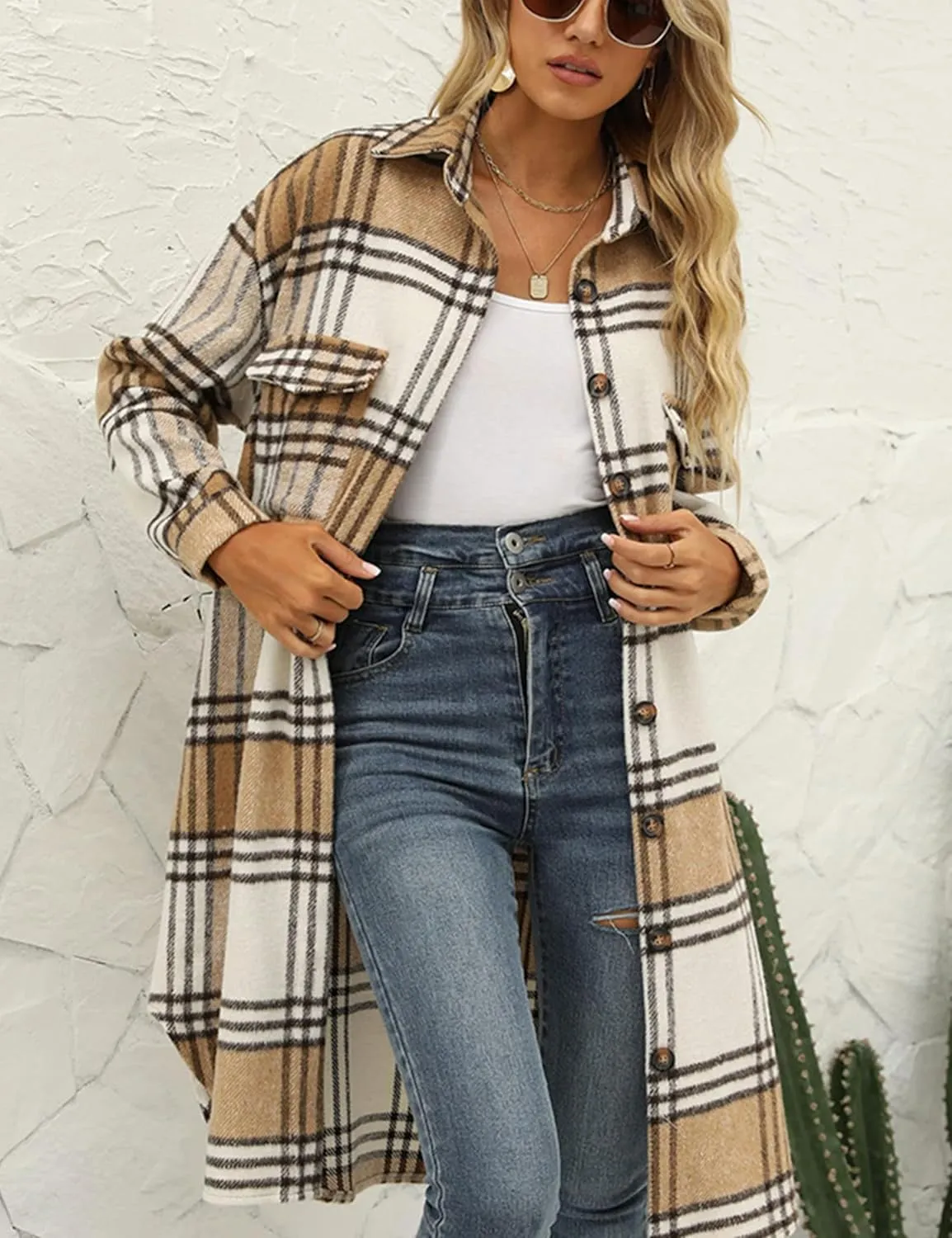 Zontroldy Casual Long Plaid Shirts Shacket Jacket Button Down Long Sleeve Shirts Trench Coats for Women