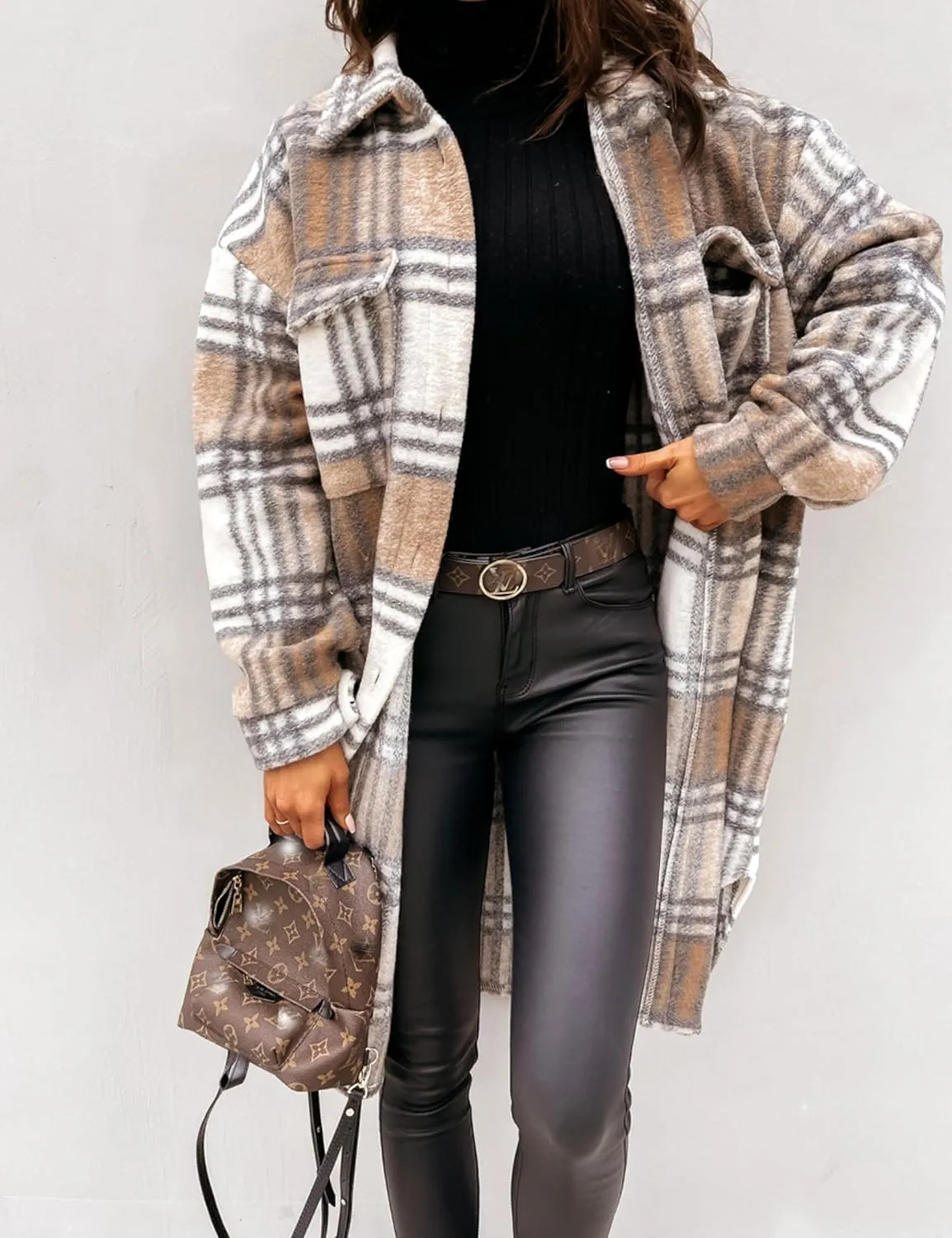 Zontroldy Casual Long Plaid Shirts Shacket Jacket Button Down Long Sleeve Shirts Trench Coats for Women