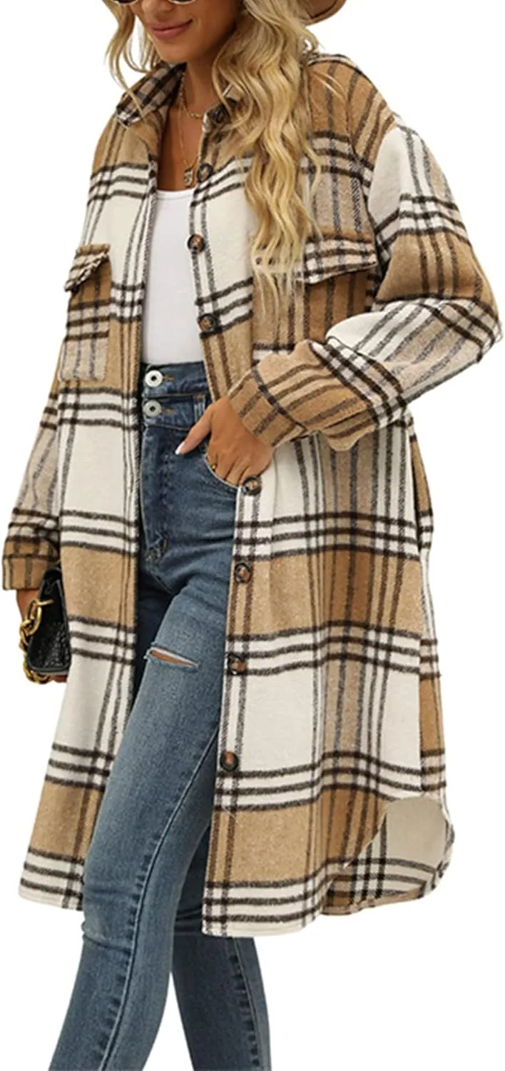 Zontroldy Casual Long Plaid Shirts Shacket Jacket Button Down Long Sleeve Shirts Trench Coats for Women