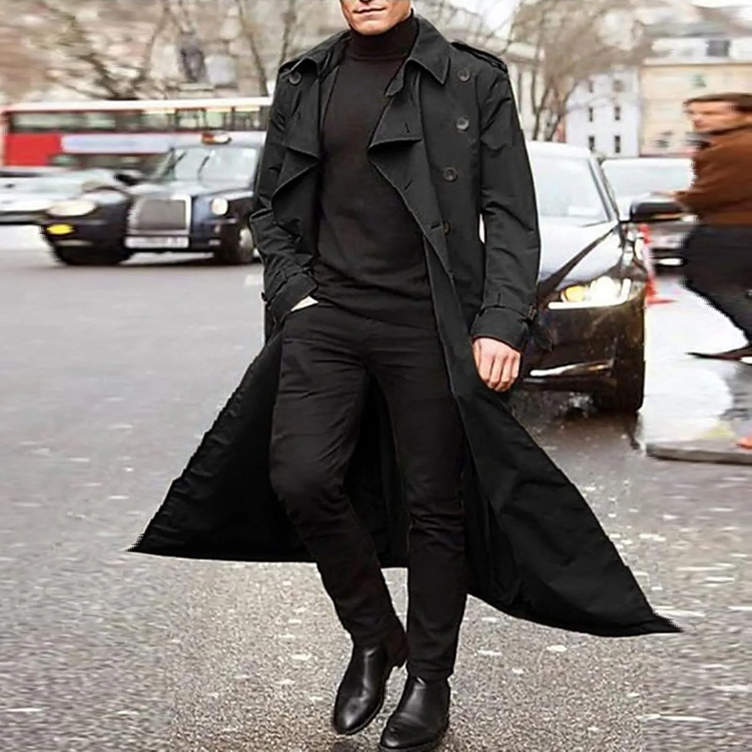 ZYXTIM Man's Double Breasted Trench Coat Notched Lapel Casual Windbreaker Vintage Long Jacket Overcoat with Shoulder Pad